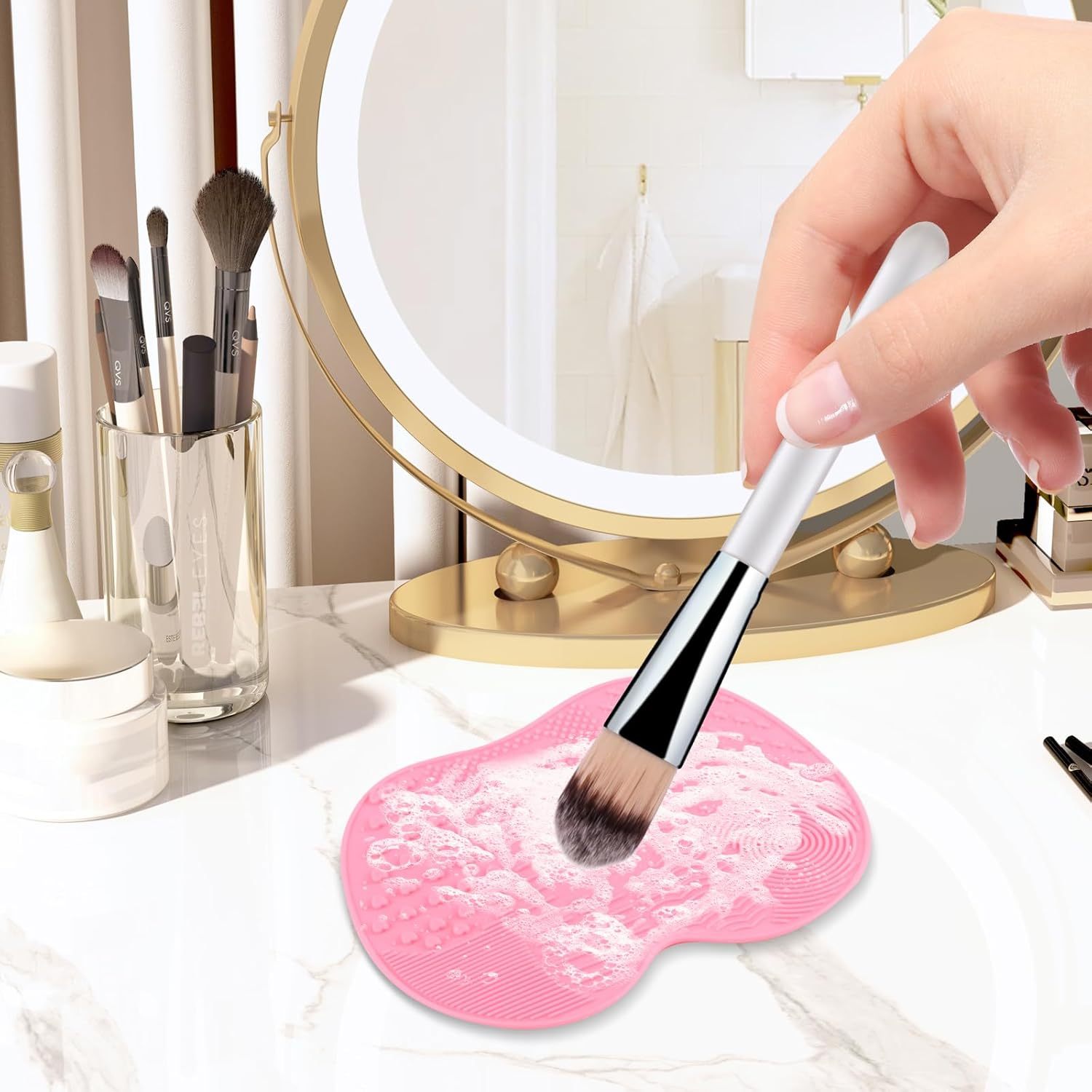 Professional Silicone Makeup Brush Cleaner Mat With Suction Cups - Portable Washing Pad For Deep Cleaning Cosmetic Brushes. Features Textured Surfaces & Strong Adhesion. 6 Color Options Available